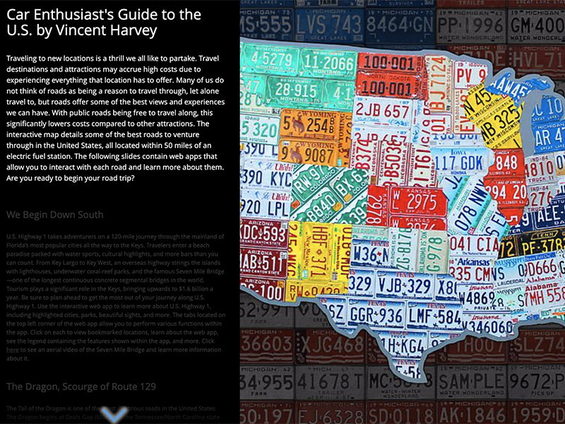 Example of student work includes an image of state license plates in the shape of the United States.