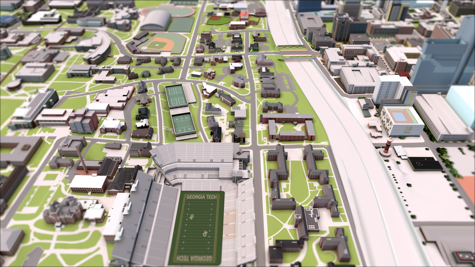 Rendered view of the GT campus with the stadium and highway